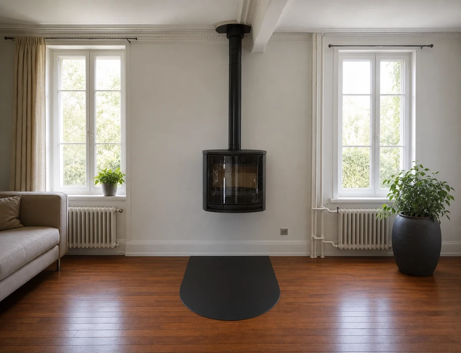 Salon moderne avec poêle à bois suspendu au mur, design cylindrique noir avec vitre panoramique et conduit de fumée apparent