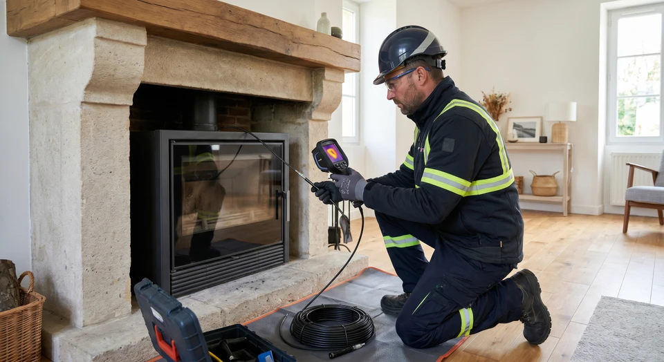 Technicien fumiste en action inspecter l'intérieur d'un conduit de cheminée en utilisant une caméra d'inspection thermique, ou un artisan examinant attentivement une section de conduit de cheminée endommagé pour évaluer son état. La scène se déroule en intérieur, montrant le professionnel à proximité d'une cheminée ou d'un poêle, dans une démarche de diagnostic expert et sérieux.