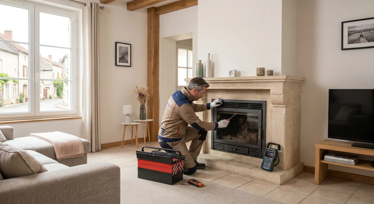 Une personne en vêtements clairs utilise un long briquet à gaz pour allumer des bûches dans un foyer moderne à vitre
