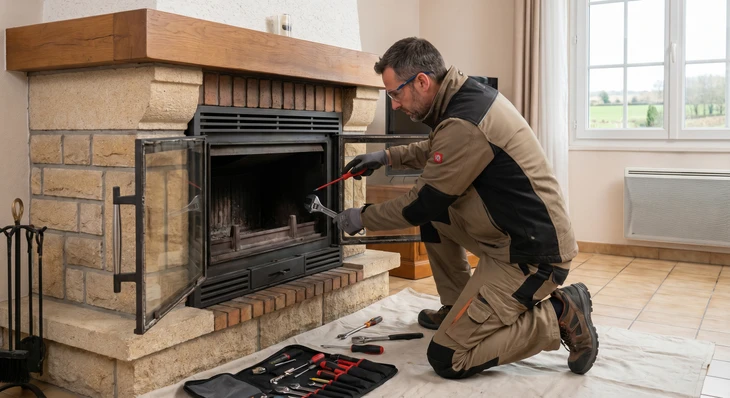 Intérieur résidentiel avec cheminée en briques vertes équipée d'un insert à foyer fermé avec porte vitrée noire