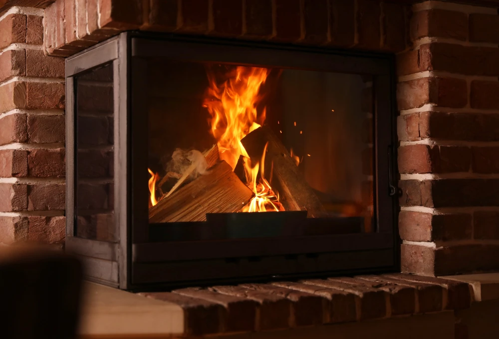 Intérieur chaleureux avec cheminée en pierre naturelle en fonctionnement, flammes vives visibles derrière vitre de protection