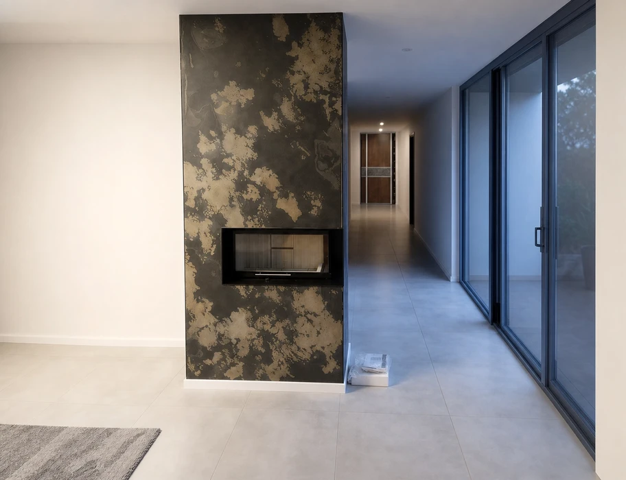 Salon minimaliste avec poêle à granulés cylindrique blanc et noir, tuyau de fumée apparent en acier laqué noir traversant le plafond